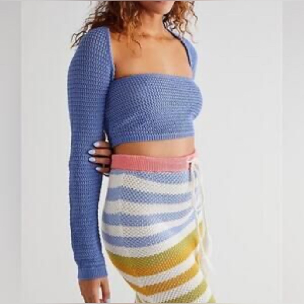Free People Beach Knit Long Sleeve Top Blue Sz S Knit boho hippie slouchy